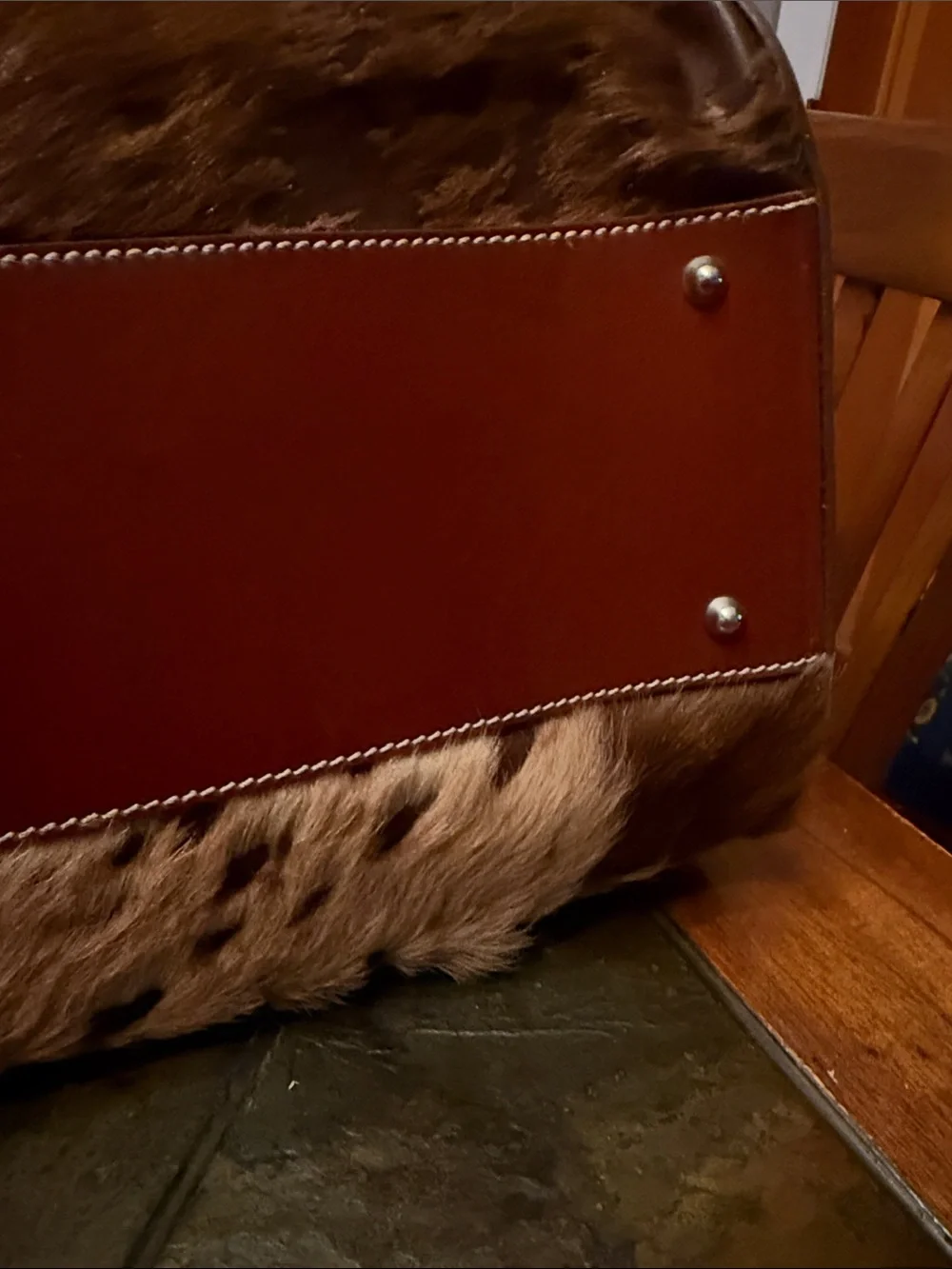 Brown Leather-Strap Horse Hair Barrel Buckle Bag